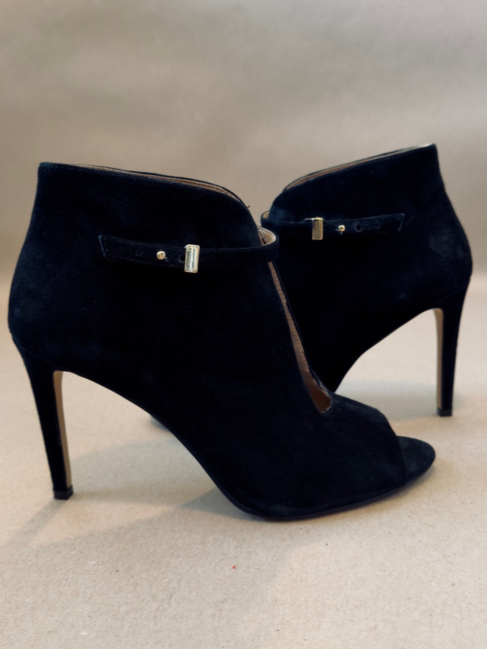 Ann Taylor Black Suede Peep-Toe Ankle Booties with Gold Accent